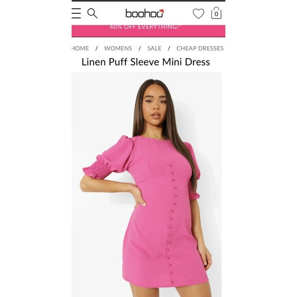 Boohoo Linen Puff Sleeve Mini Dress Size 6 Pink - Picture 9 of 11